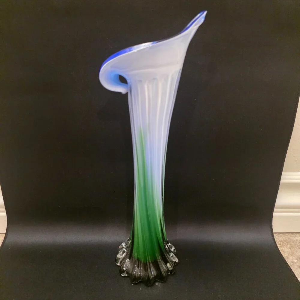 Blue White Green Murano Style Calla Lily Jack Pulpit Vase Art Hand Blown Glass